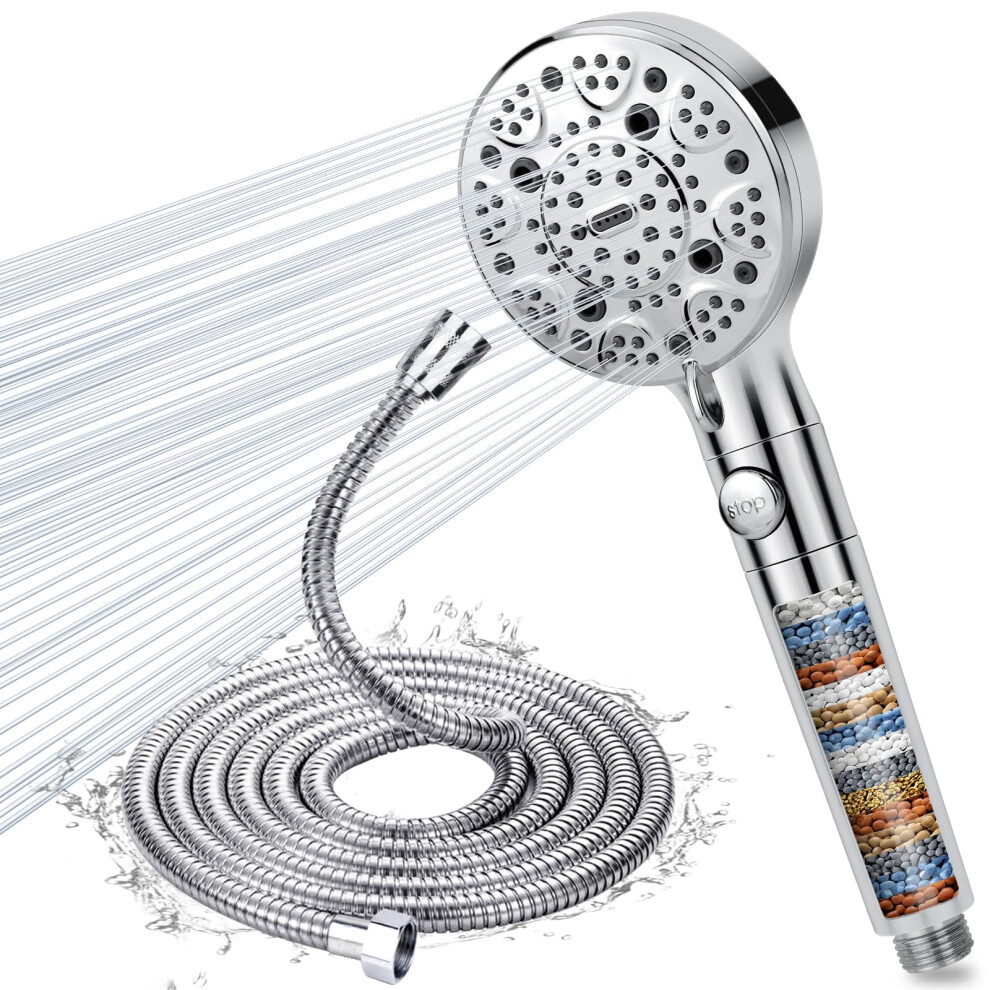 Filter Shower Head And Hose 2M, 15 Stage Filtered High Pressure Shower Heads With 9 Spray Jet Modes, Water Softener Showerhead With Stop Button 5051226559655