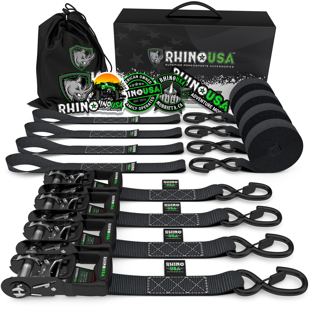 Rhino Usa Ratchet Straps Tie Downs (4-Pack) - 2.5Cm X 4.6M (800Kg Break Strength) - Ultimate Tie Down Straps With Safety S Hooks 5051226612213