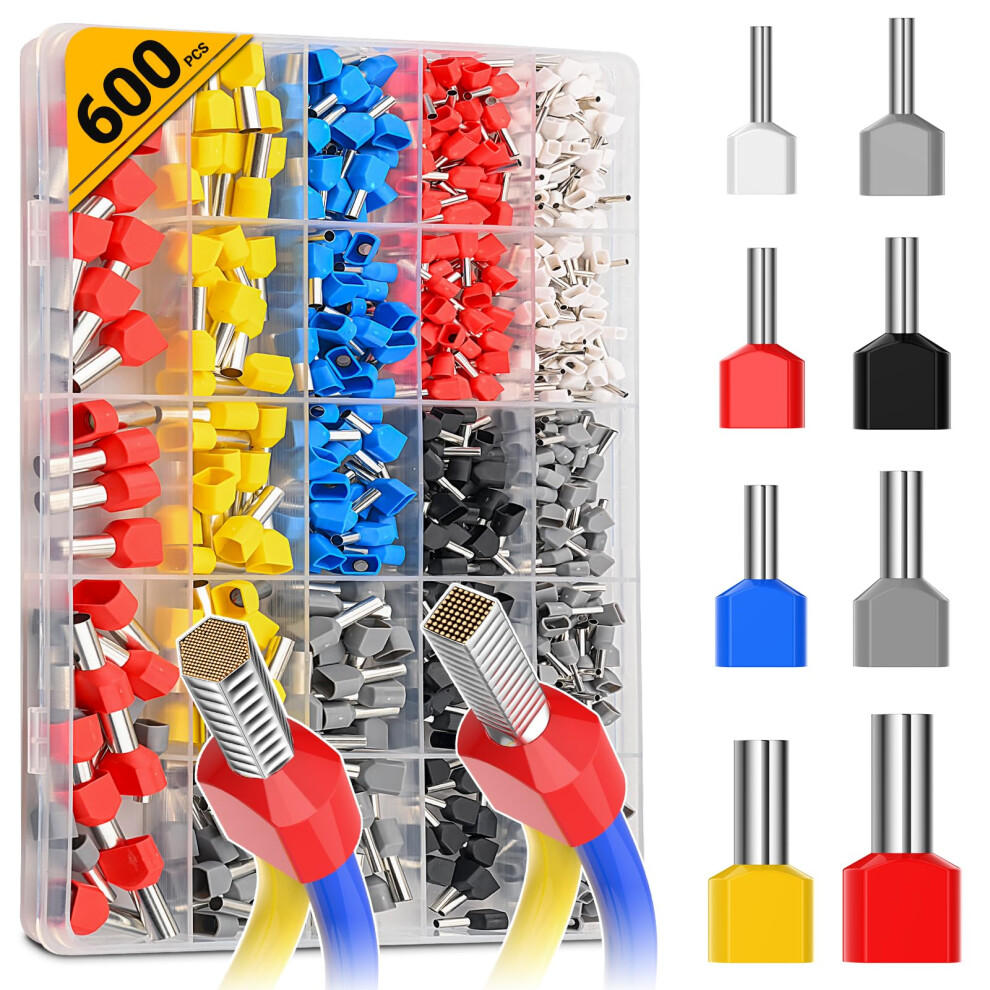 0.5-10Mmâ² Twin Bootlace Ferrules, Preciva 600Pcs Crimp Connectors, Dual Terminals,Double Wire Quick Connect, All Brass Core 5051226571732