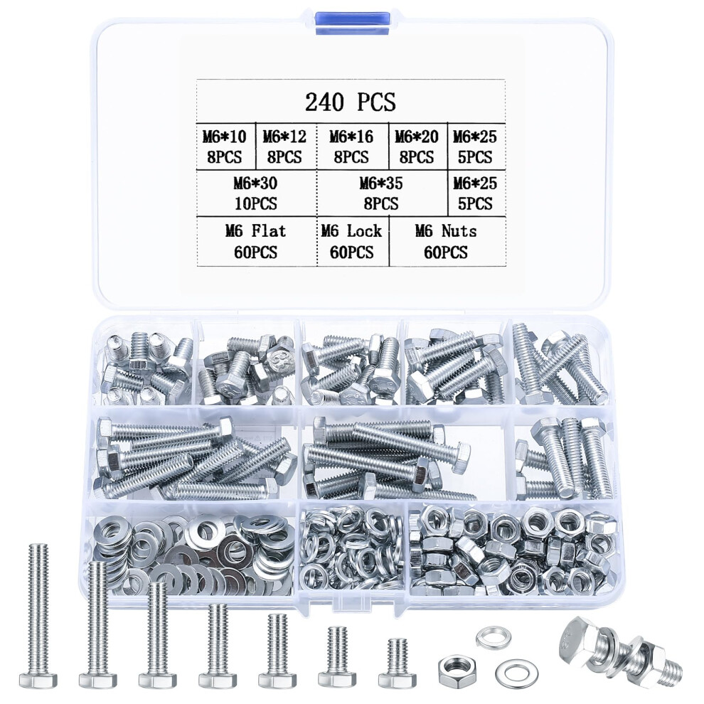 240 Pcs M6 Hex Bolts And Nuts Set, M6 Nuts And Bolts Set With Washers Set, Fully Threaded Machine Bolt And Hex Nut And Lock And Flat Washers 5051226568534
