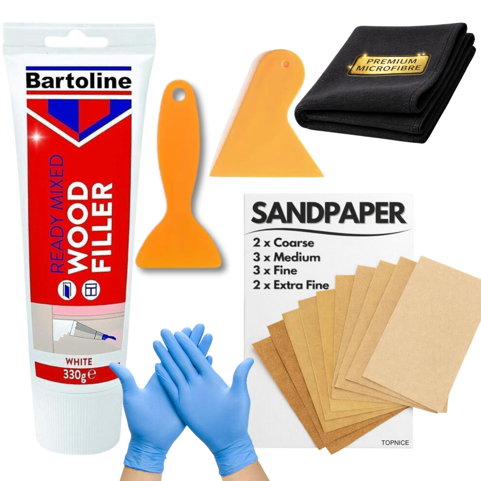 Wood Filler White 330G - Ready Mixed For Multipurpose Use With 10 Assorted Sandpapers, 2 Spreaders, Microfibre Cloth And A Pair Of Gloves 5051226633164