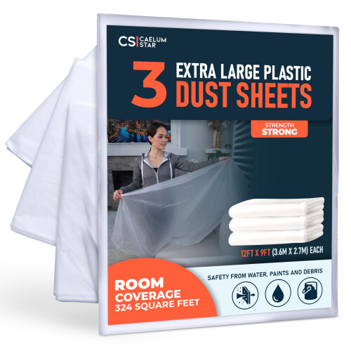 CS 3 Pack Extra Large Plastic Dust Sheets for Decorating 3.6 x 2.7m (12x9 ft), Dust Sheets for Painting