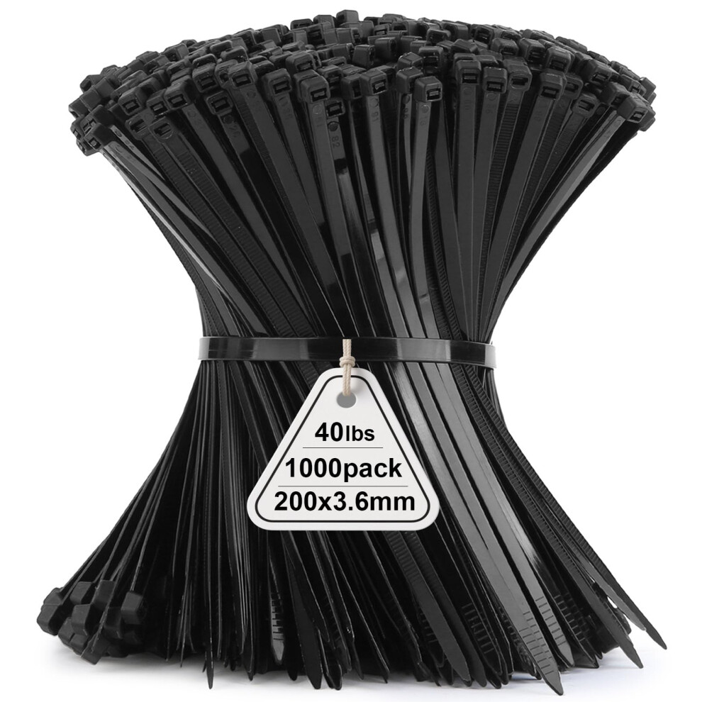 Viuxule 1000 Pack Cable Ties, 200 X 3.6Mm Zip Ties, Black 8 Inch Nylon Industrial Tie Wraps Tensile Strength 40 Lbs 5051226566042