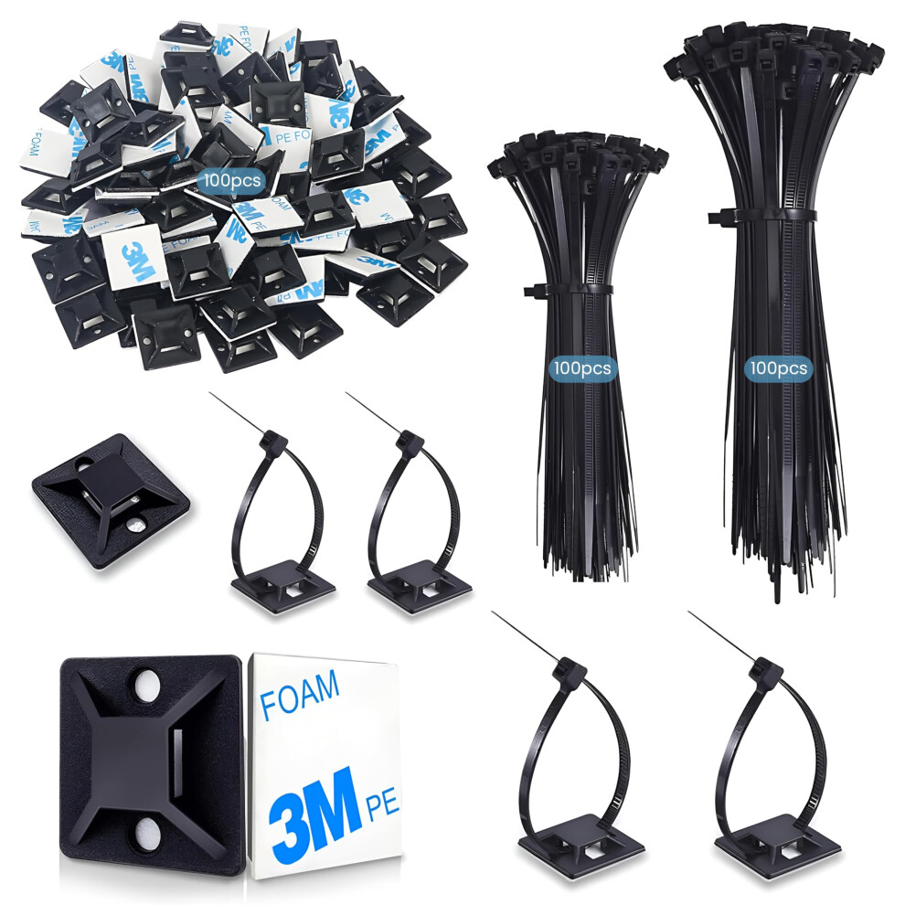 200Pcs Black Cable Ties 120/150Mm + 100Pcs Adhesive Cable Clips, Zip Ties Tie Wraps & Cable Tidy Clips, Sticky Pad Bases For Home Office Workshops Diy 5051226602887