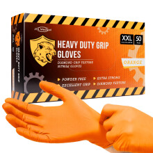 JFA Medical Disposable Heavy Duty Mechanic Powder Free Latex Free Orange Diamond Grip Nitrile Gloves - Box of 50 (Extra Extra Large)