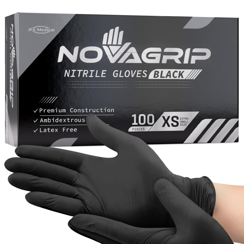 Novagrip Jfa Medical Disposable Mechanic, Powder Free Latex Free Black Nitrile Gloves - Box Of 100 (Extra Small) 5051226567438