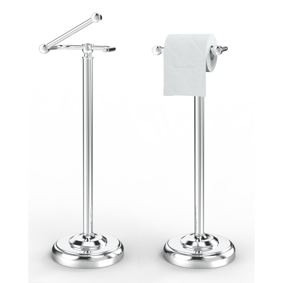 Wzrua Toilet Roll Holder Free Standing, Chrome Stainless Steel Toilet Roll Holder Stand, Double Post Pivoting Toilet Paper Holder Standing 5051226564666