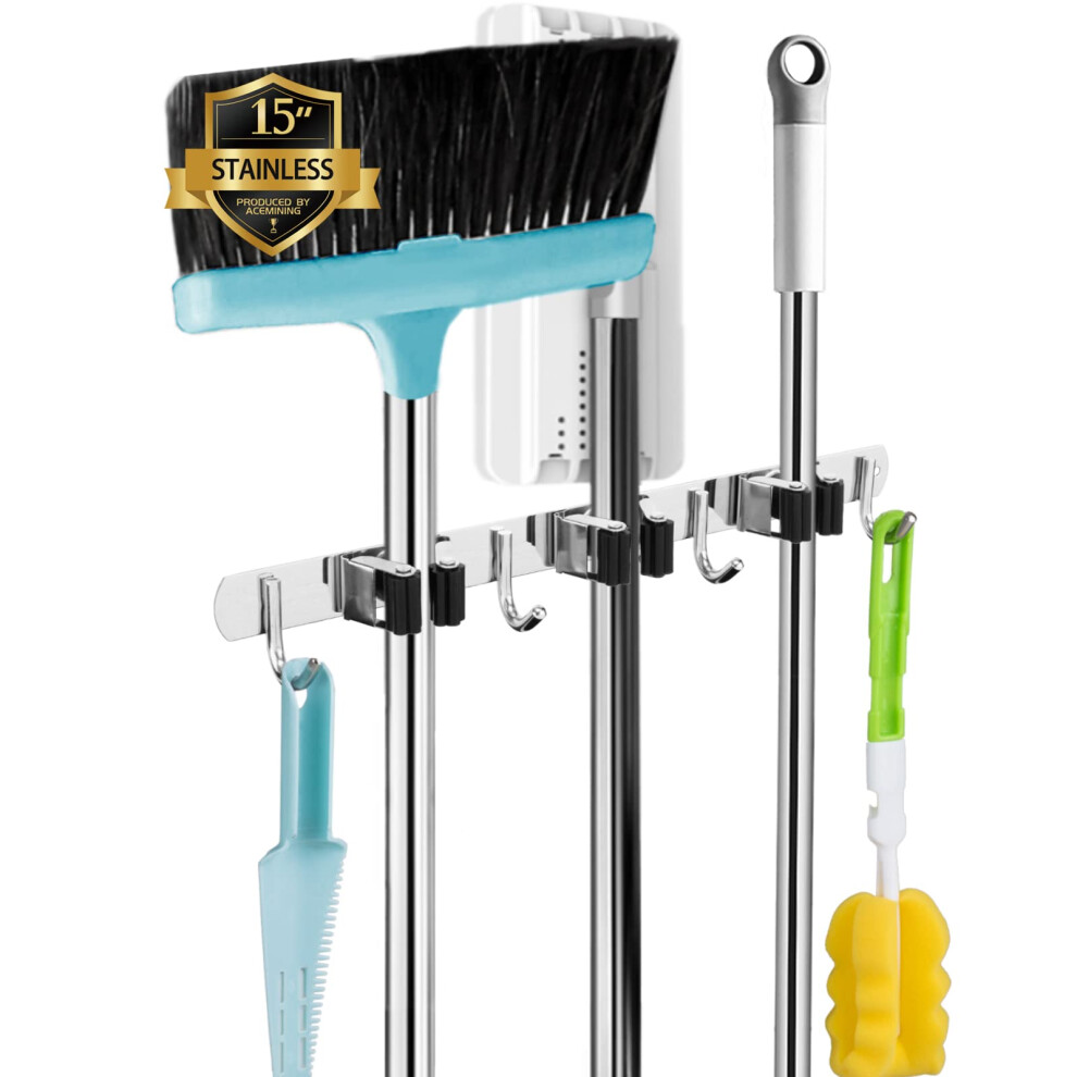 Acemining 3 Holders+4 Hooks 2 Pack Black Broom Holder Wall Mounted With Nails Installation, Heavy Duty Stainless Steel Mop Holder 5051226618970
