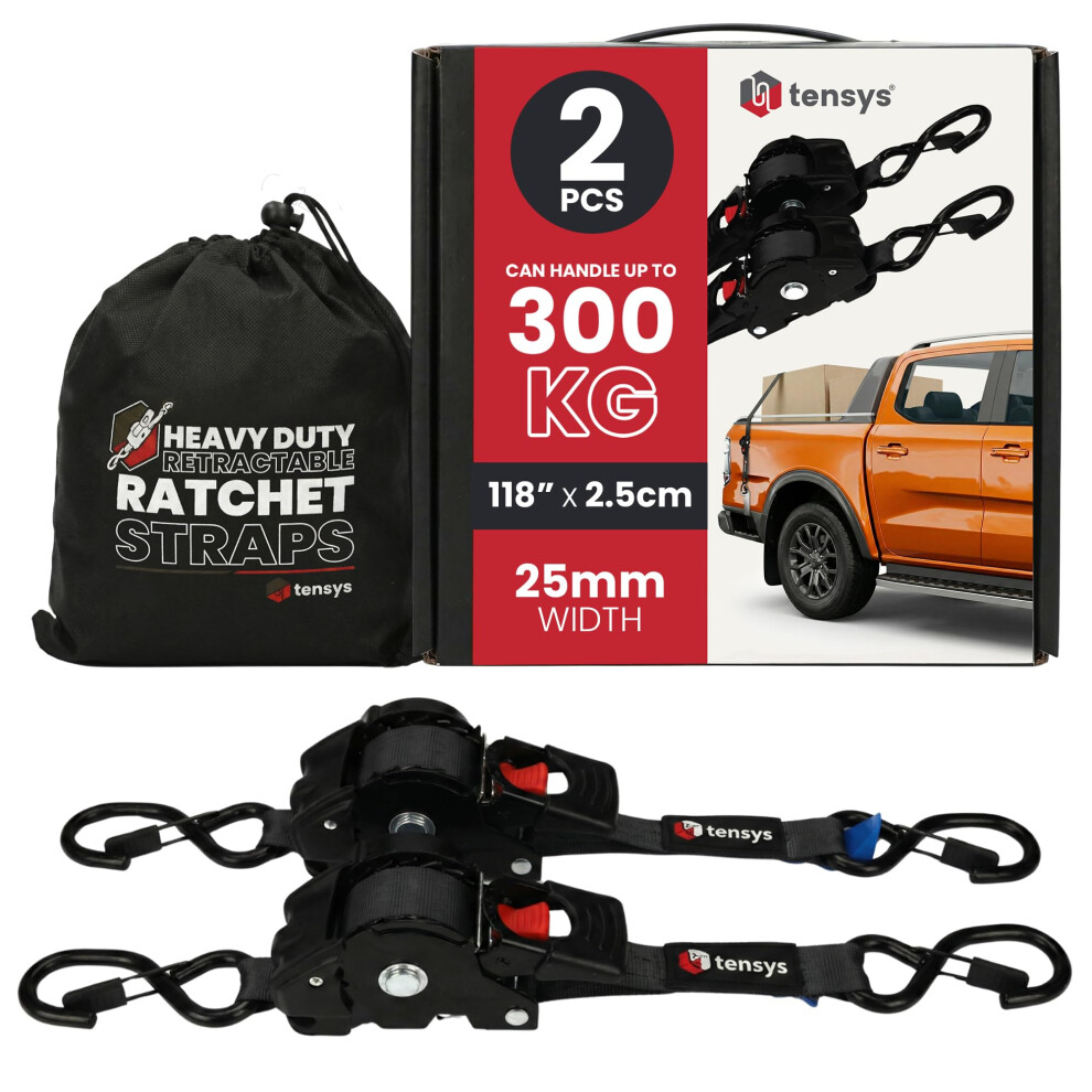 Tensys Retractable Ratchet Tie Down Straps Â Heavy Duty Auto Self Retracting Ratchet Strap Set 600Kg Break Force For Cargo Trailer Roof Rack 5051226570155