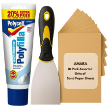 Polycell Wall Repair Bundle with Polyfilla Ready Mixed, Amara 3" Paint Scraper, and 10pcs Sandpaper for Wood & Walls
