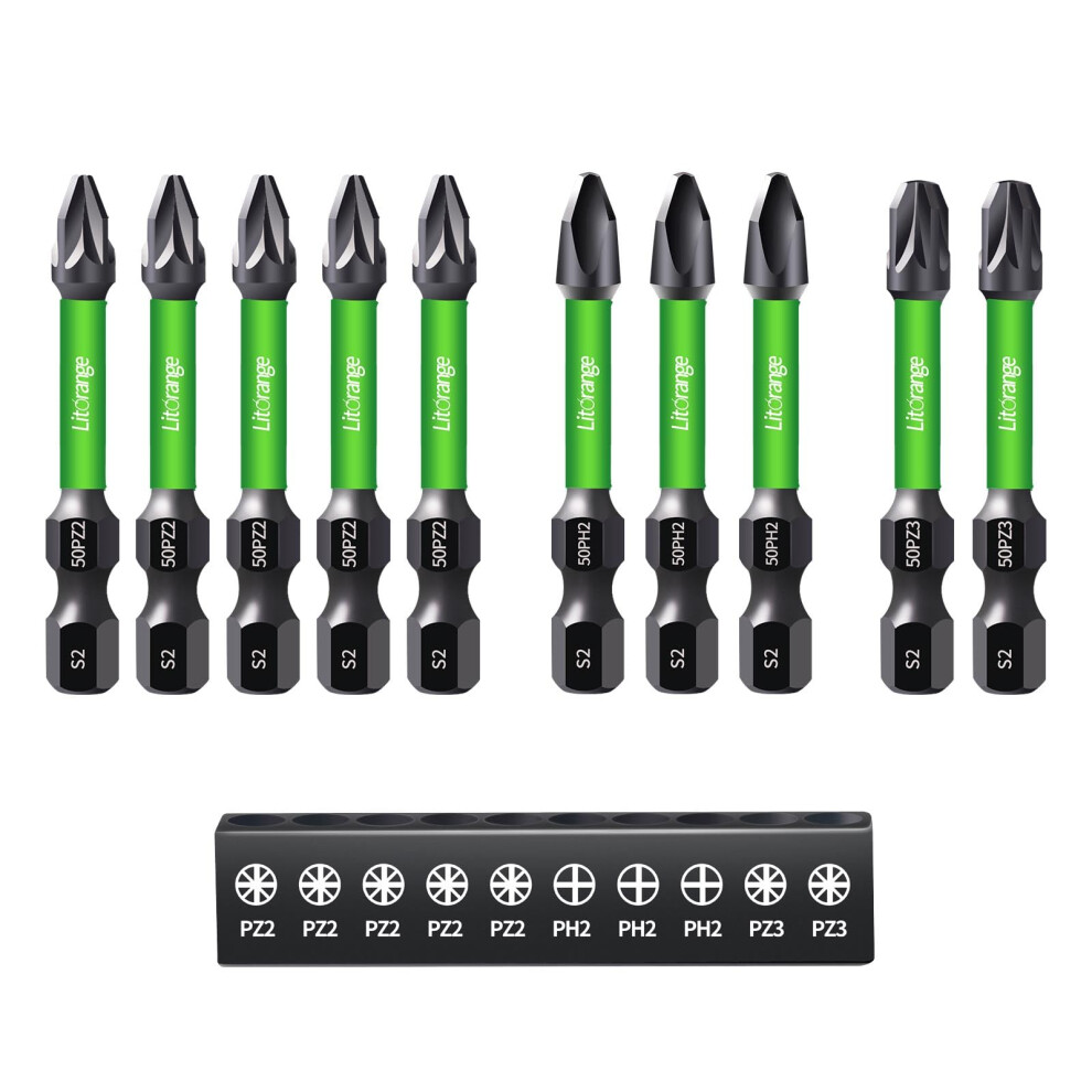 Litorange 10Pcs 50 Mm Pz2 Ph2 Pz3 Impact Driver Bits, S2 Steel Screwdriver Bit Set 5051226600272