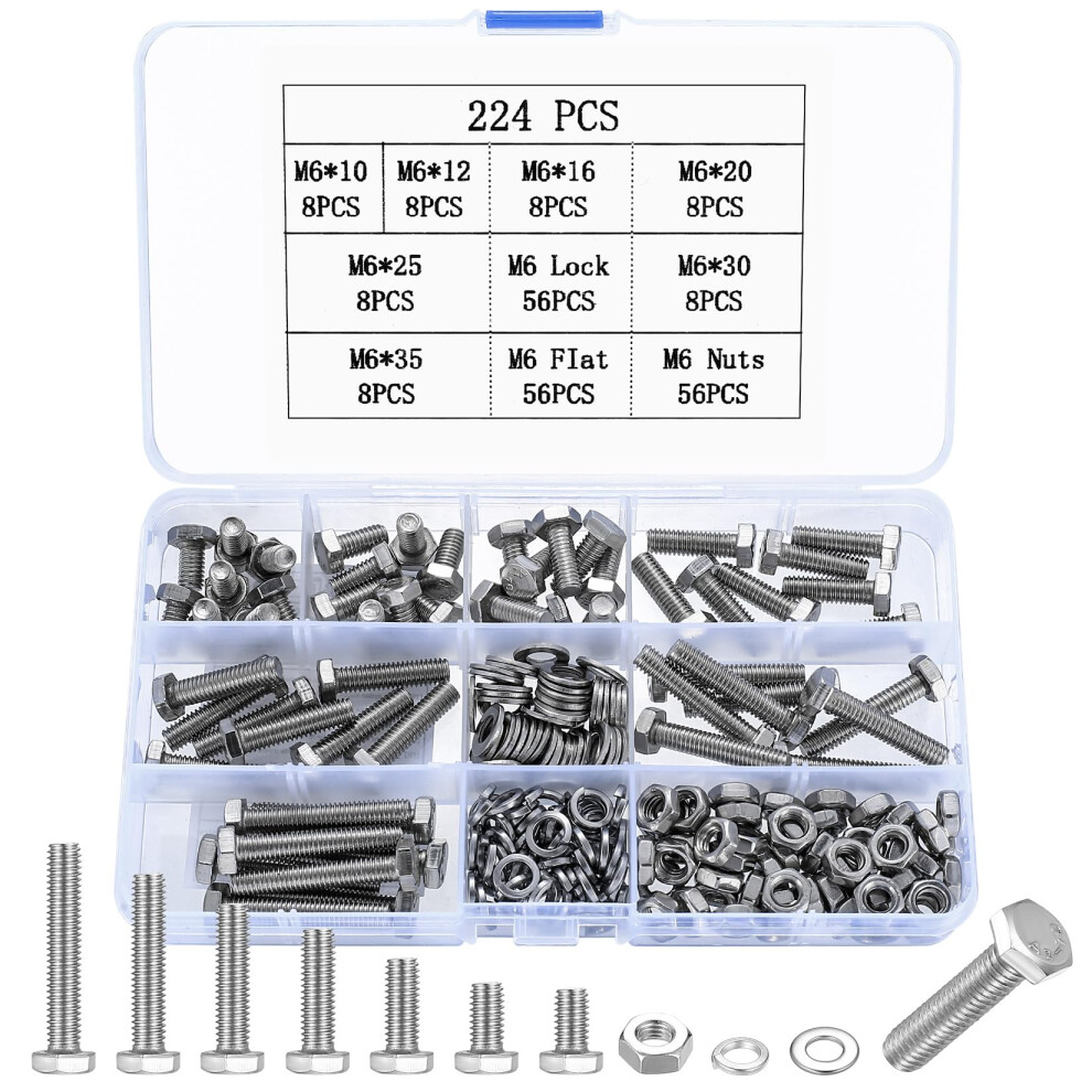 224 Pcs M6 Bolts And Set, Flat Hex, M6 Hex Bolts Sets, Metric Assorted Nuts And Assortment 5051226599392
