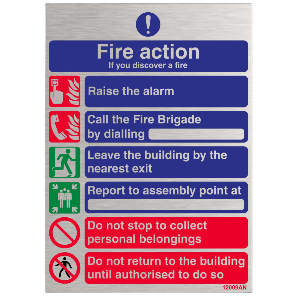 V Safety General Fire Action 6 Message Sign - 150Mm X 200Mm - 3Mm Brushed Alu Comp 5051226589164