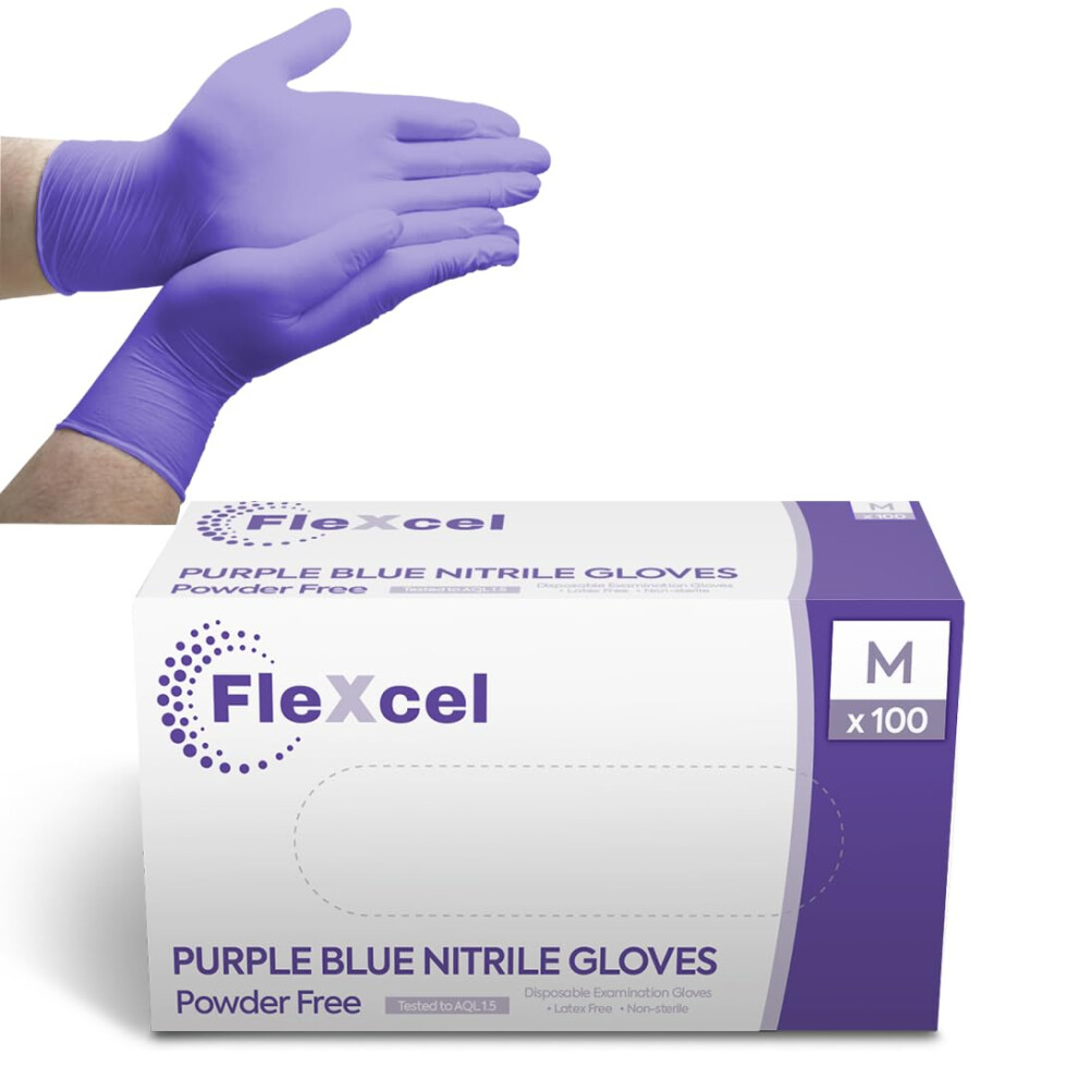 Flexcel Purple Nitrile Gloves (Box Of 100) Size Medium - Multipurpose Powder Free, Latex Free, Medical Grade, Food Safe Examination Gloves 5051226569623