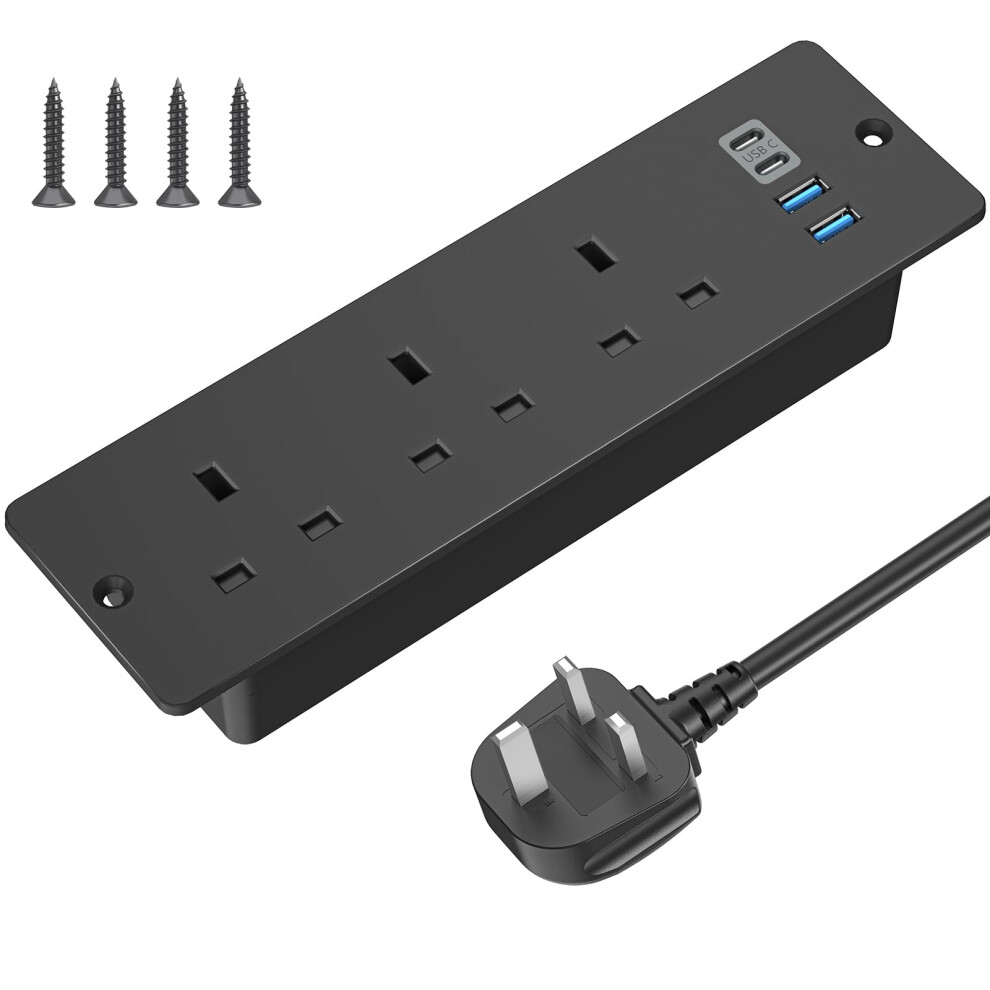 Recessed Power Socket With Usb C, Anvode Hidden Desk Power Sockets With 2 Usb A, 2 Usb-C Ports, 2M Power Extension Lead With 3 Outlets 5051226599897