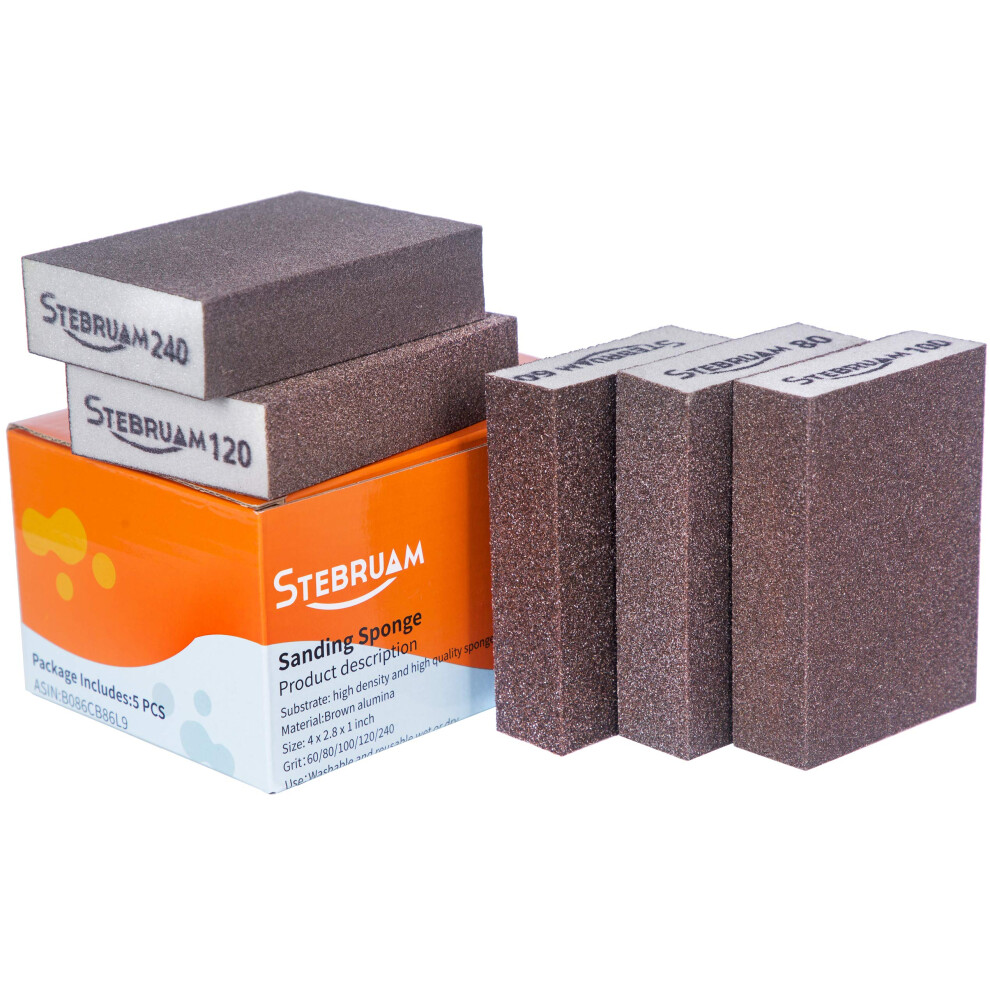 Stebruam 5 Pieces Sanding Sponges,Coarse And Fine Sanding Blocks -60/80/100/120/240 Grits 5 Different Specifications Sanding Pads,Washable And 5051226565199