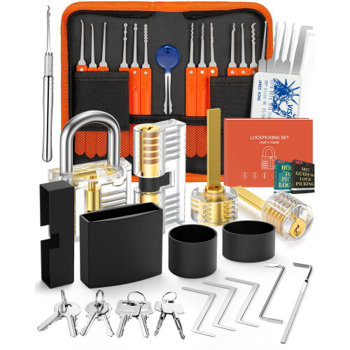 Eventronic 38+4 Lock Picking Kit, [Updated Version] 38-Piece Lock Pick Set with 4 Transparent Training Locks and Zip Case for Lockpicking