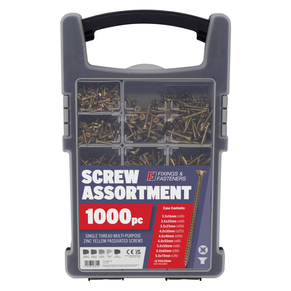Forgefix 1000Pc Screw Assortment With Zinc Passivated Coating For Corrosion Resistance, Includes Organizer Case With 9 Removable Cups And 2 Pz Yellow