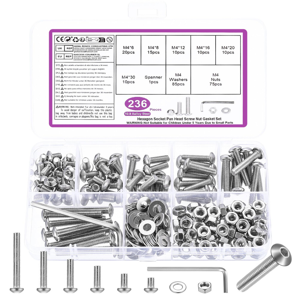 236 Pcs M4 Bolts And Nuts Set, M4 Nuts And Bolts Set, Round Head Hexagon Socket Screws And Washers 5051226601613