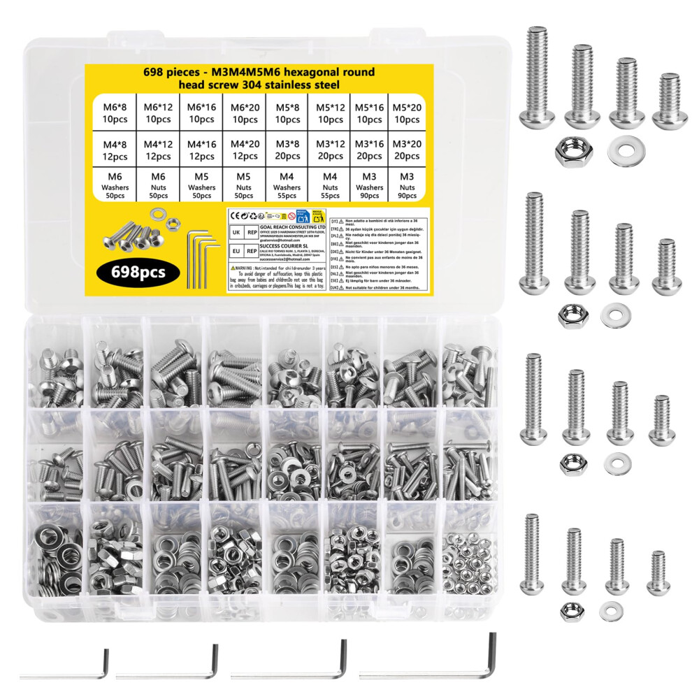 698 Pcs M3 M4 M5 M6 Bolts And Nuts Set, Mixed Assorted Nuts And Bolts Set, Stainless Steel Hex Socket Button Head Cap Screws And Washers 5051226568800