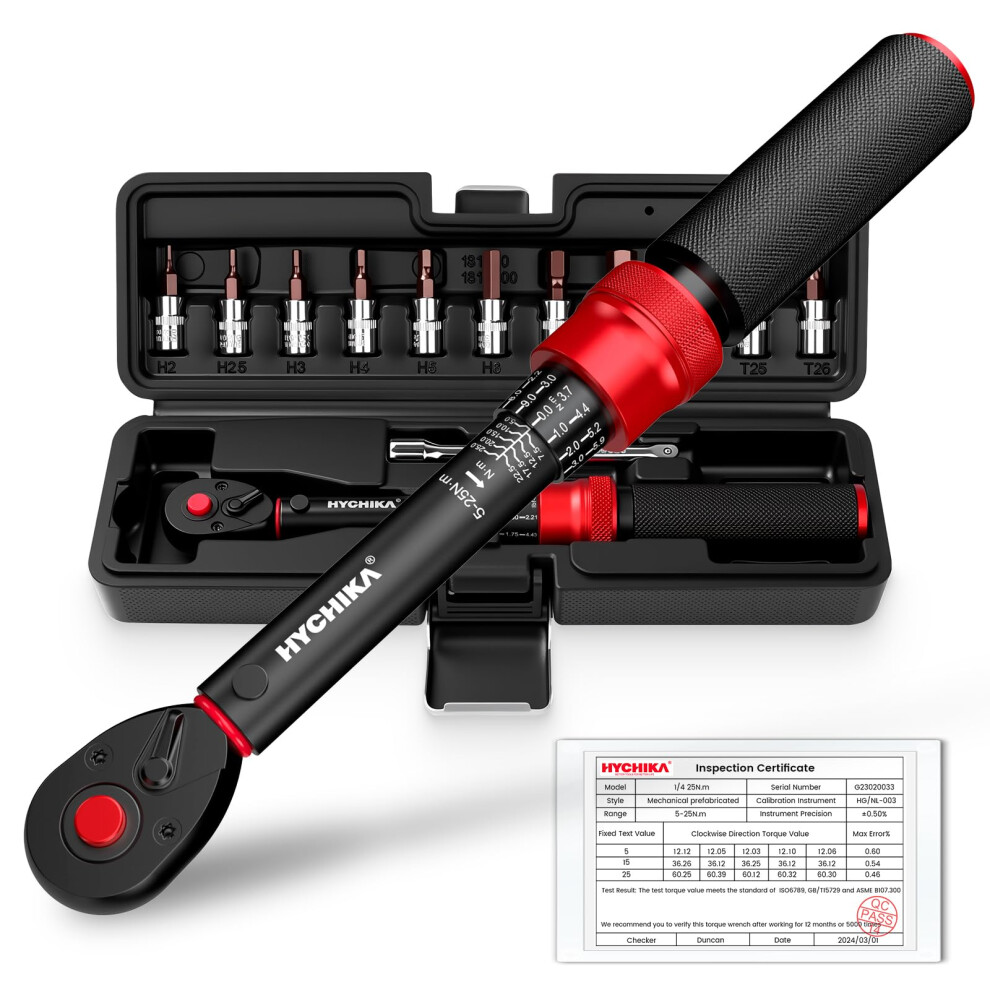 Hychika 13Pcs 1/4" Torque Wrench 5-25Nm, 2% Accuracy, 72-Tooth Bike Torque Wrench Set With 12 Bits & Storage Case For Bicycle, Motorcycle, Electroni 5002162489735
