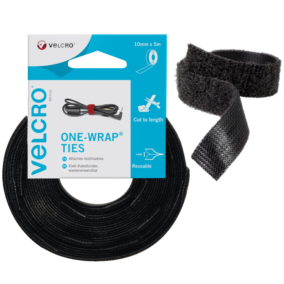Velcro Brand | One-Wrap Reusable Ties | Multi-Purpose Ties Perfect Desk Accessories For Cable Management & Home Improvement | Black | 10Mm X 5M 5051226583322