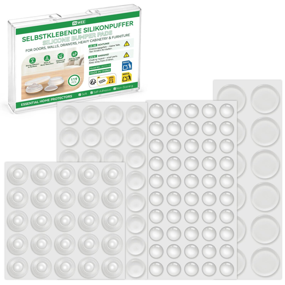 Inwee 119 Pcs Silicone Bumpers Clear Cupboard Door Stops Pads, Clear Furniture Buffer Pads 5051226563164