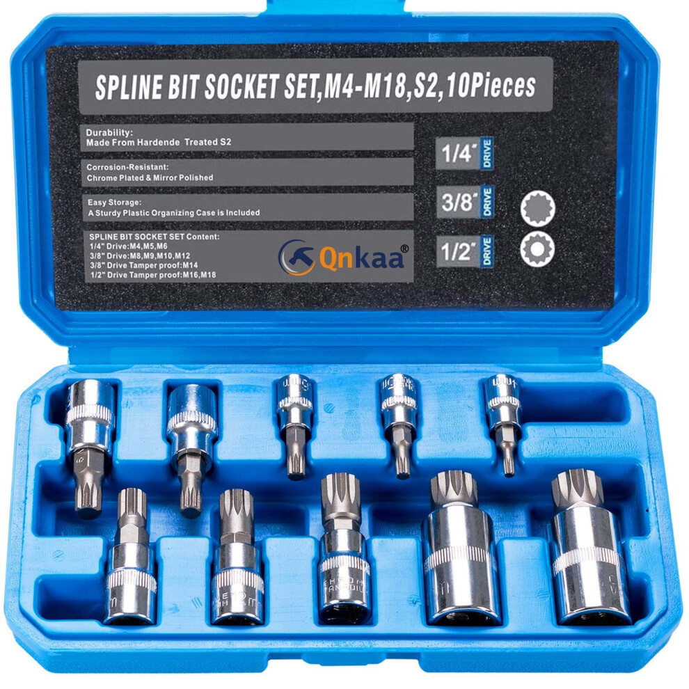 Qnkaa Spline Socket Bit Set 10Pcs Square Triple Silver M4 - M18 5051226612008