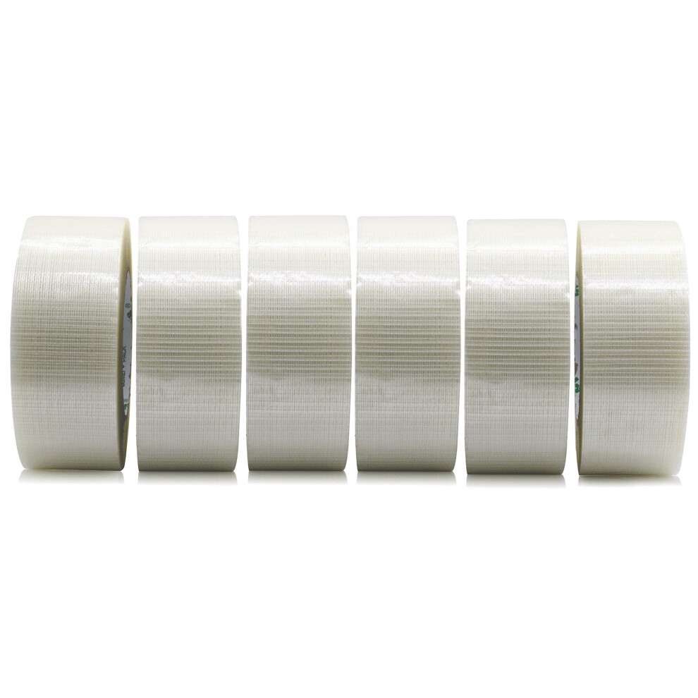 Bomei Pack 6 Pack Strong Crossweave Reinforced Tape Transparent Bi-Directional Filament Strapping Tape Fiberglass Reinforced Heavy Duty 170Mic X 50Mm 5051226563638
