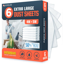 KVELEE - 6 Pack Extra Large Plastic Dust Sheets for Decorating, 4 x 5m (13 x 16ft), Clear Plastic Sheet for Furniture & Floor Protection