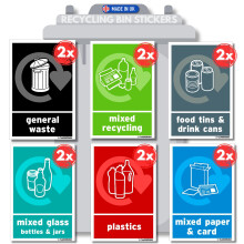 Recycling Stickers for Bins 12x pack - 6 Design, 100mm x 150mm, Self-Adhesive Vinyl Stickers, Waterproof Decals, Indoor Outdoor Recycle Signs