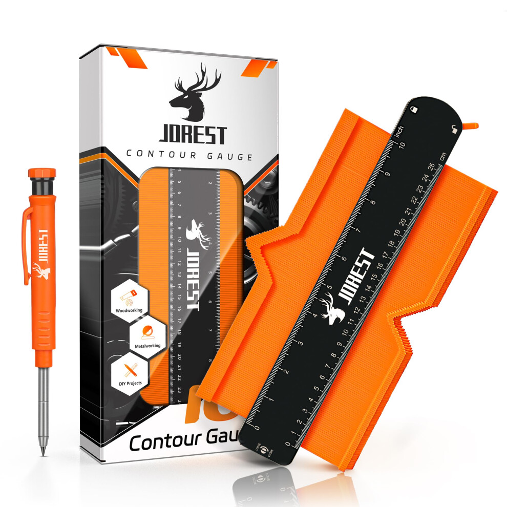 Jorest Contour Gauge 10 Inch + Carpenter Pencil, Profile Template Tool For Laminate Flooring, Tile Laying, Woodworking, Measuring Shape Outline 5051226563751