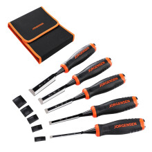 JORGENSEN Wood Chisel Set, 5 Pieces Wood Carving Chisels (6 mm, 10 mm, 12 mm, 19 mm, 25 mm), Cr-V Bevel Edge Chisels with Steel Strike Caps