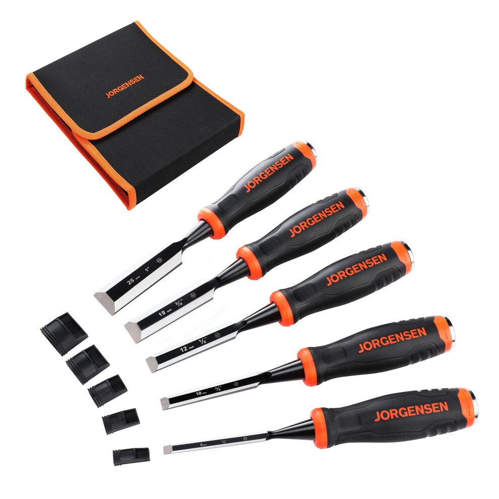 Jorgensen Wood Chisel Set, 5 Pieces Wood Carving Chisels (6 Mm, 10 Mm, 12 Mm, 19 Mm, 25 Mm), Cr-V Bevel Edge Chisels With Steel Strike Caps 5051226609657