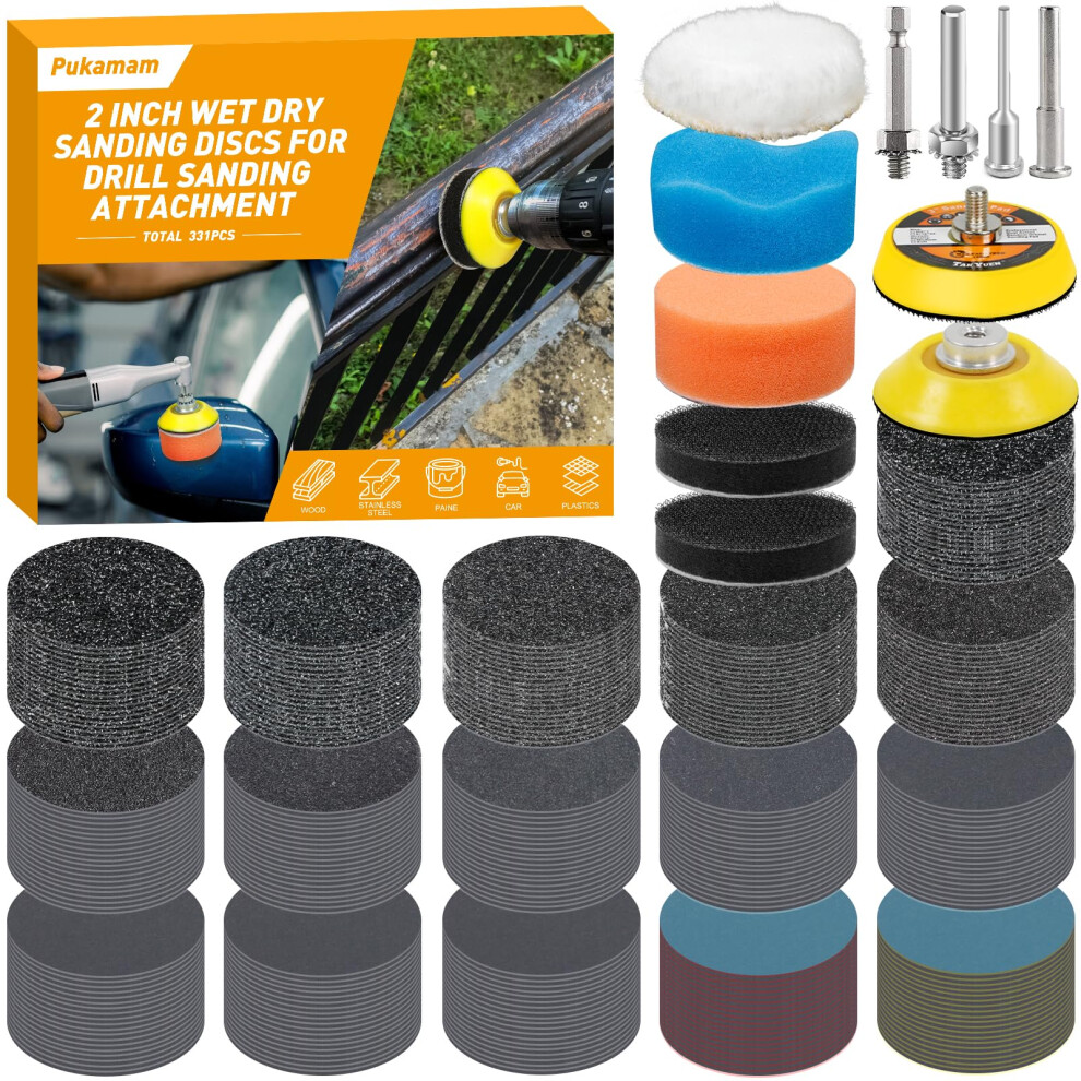 Pukamam 331Pcs 50Mm Wet Dry Hook And Loop Sanding Discs 60-10000 Grit Sandpaper For Drill Sanding Attachment, Backing Pads Polishing Kit For Resin Wo 4328838460589