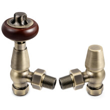 VANCOCO Traditional Antique Brass Angled Radiator Valve & Lockshield 1/2"15mm, Thermostatic TRV Pair for Cast Iron or Modern Radiators with Solid