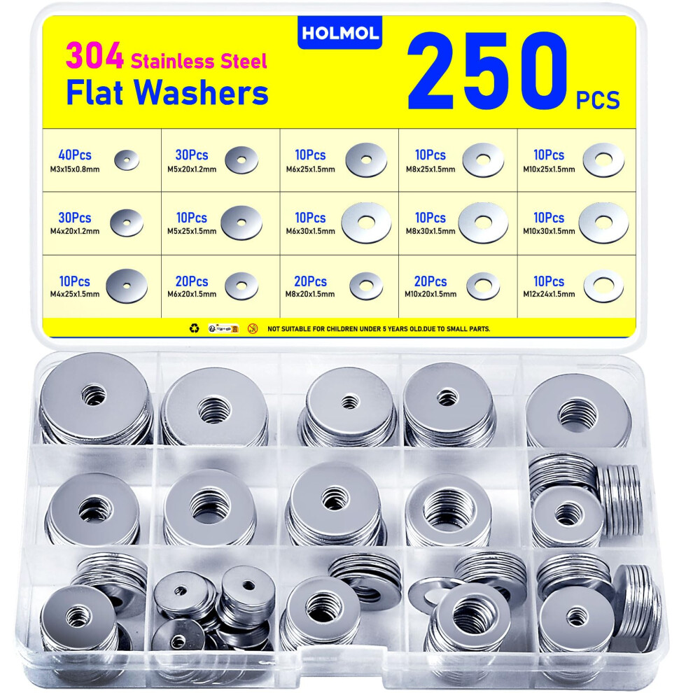 Washers 250 Pcs, Holmol Flat Penny Washers, Stainless Steel Washer For Screws & Bolts With 15 Sizes M3 M4 M5 M6 M8 M10 M12, Flat Metal Washer Assorte 6421848576092