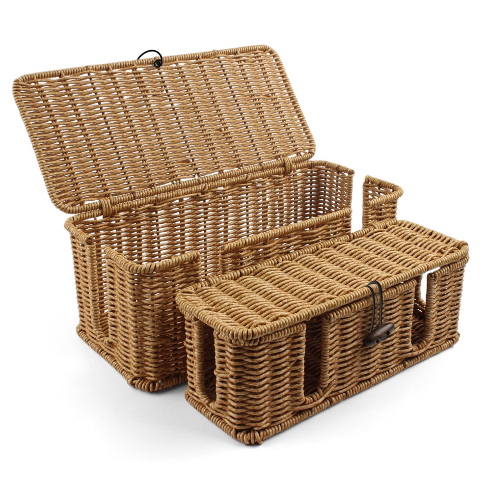 Gozola 2 Pack Rattan Cable Management Box, Large Cord Organizer Box With Lid Under Desk Router Hider Storage Box With 4 Exits 5051226578151