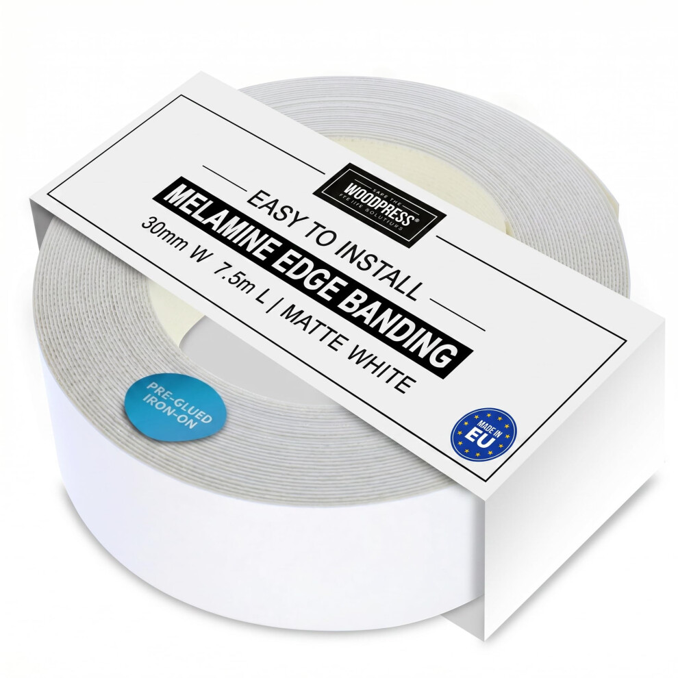 Woodpress 30Mm Matt White Melamine Edging, Pre-Glued Veneer Tape Â 7.5M Roll - Iron-On For Easy Diy Application 5051226604393