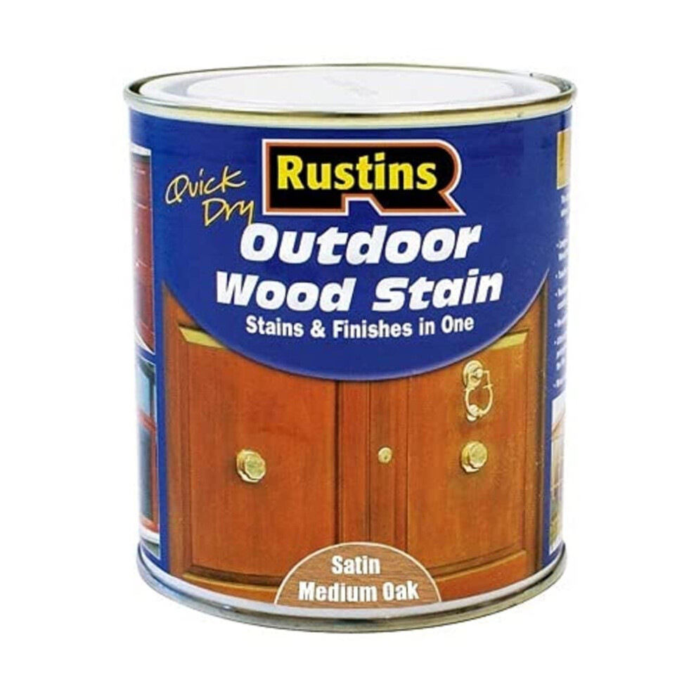 Rustins Quick Dry Outdoor Wood Stain Satin Medium Oak 1Ltr- Durable And Weather-Resistant Finish, Fast Drying, Vibrant Color For Decks, Fences