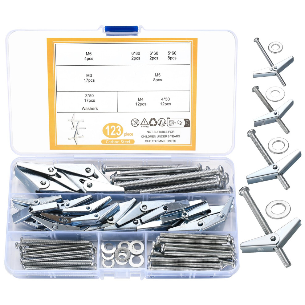 Qxayxa 123 Pcs Plasterboard Fixings - Wing Spring Toggle Bolts And Drywall Screws, M3/M4/M5/M6 Spring Toggle Fixings 5051226632518