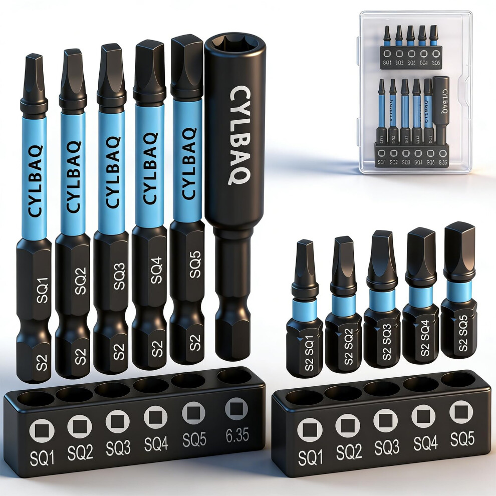 Cylbaq Square Screwdriver Bits, 11Pcs Square Head Screwdriver Bit Set 25Mm+60Mm S2 Steel Tamper Proof Magnetic Security Bits 1/4Â Hex Shank With 5051226574160