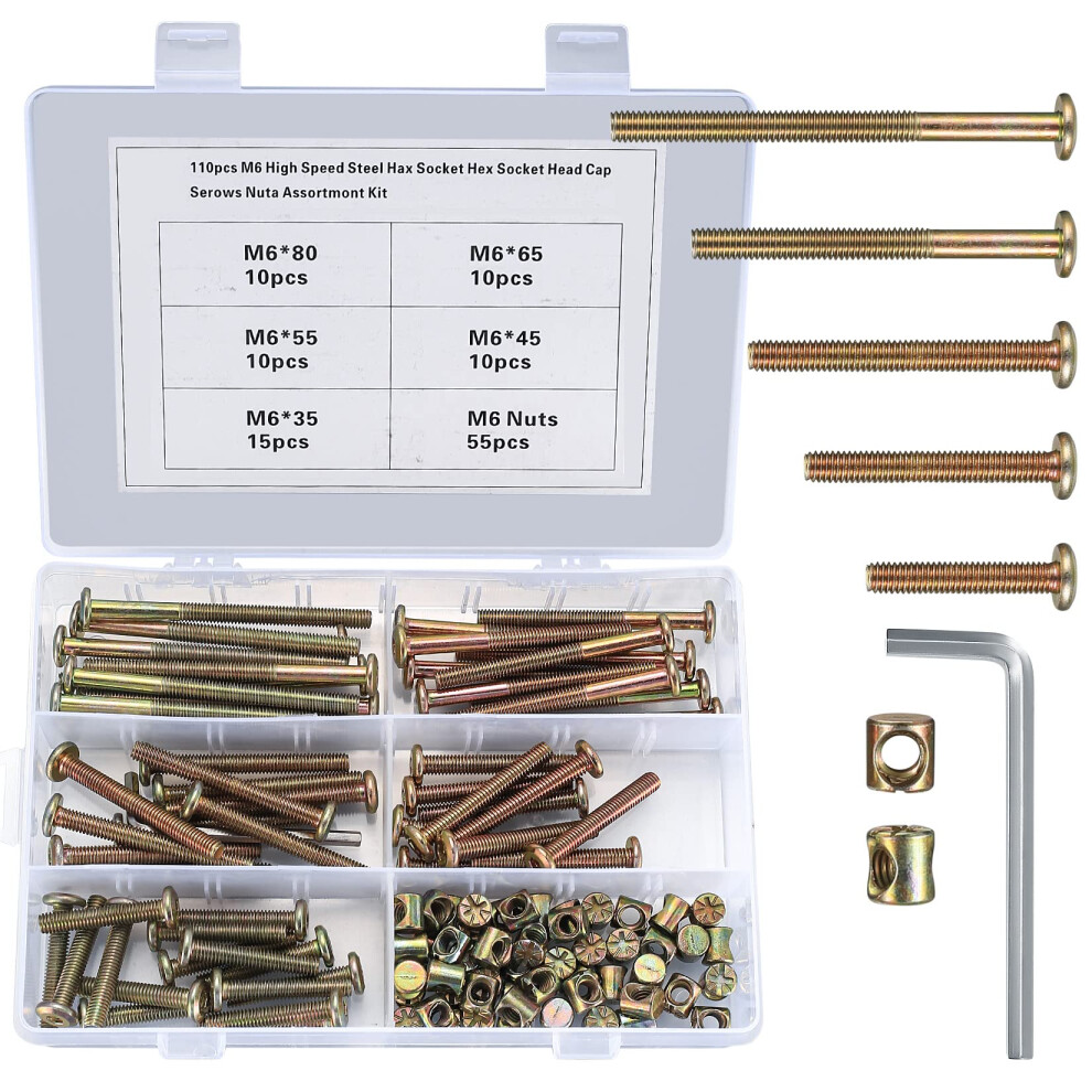 Aoyfuwell110 Pcs M6 Nuts And Bolts Kit, Barrel Nuts, Hex Socket Head Cap Screws, Furniture Cot Bed Bolts, Crib Screws For Crib Bunk Bed Furniture Cot 5051226607950