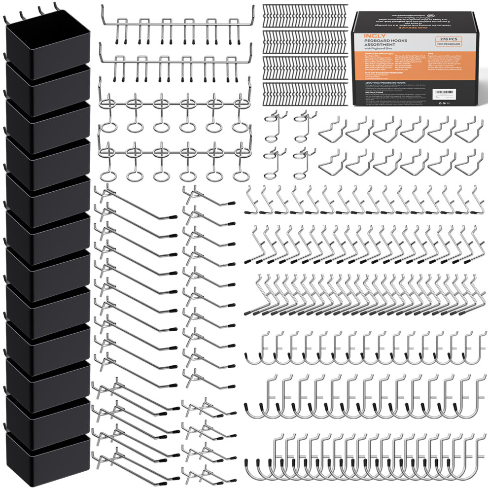 Incly 278Pcs Pegboard Accessories Organizer Kit, Peg Board Hooks Set With Bins F 5002526554727