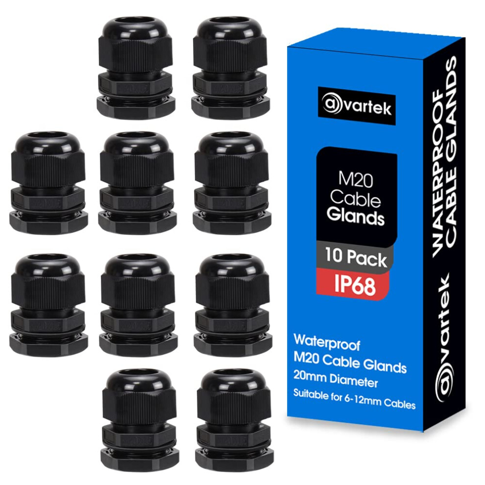 10 Pack M20 20Mm Ip68 Waterproof Black Cable Glands, Suitable For 6Mm - 12Mm Cables 5051226591358