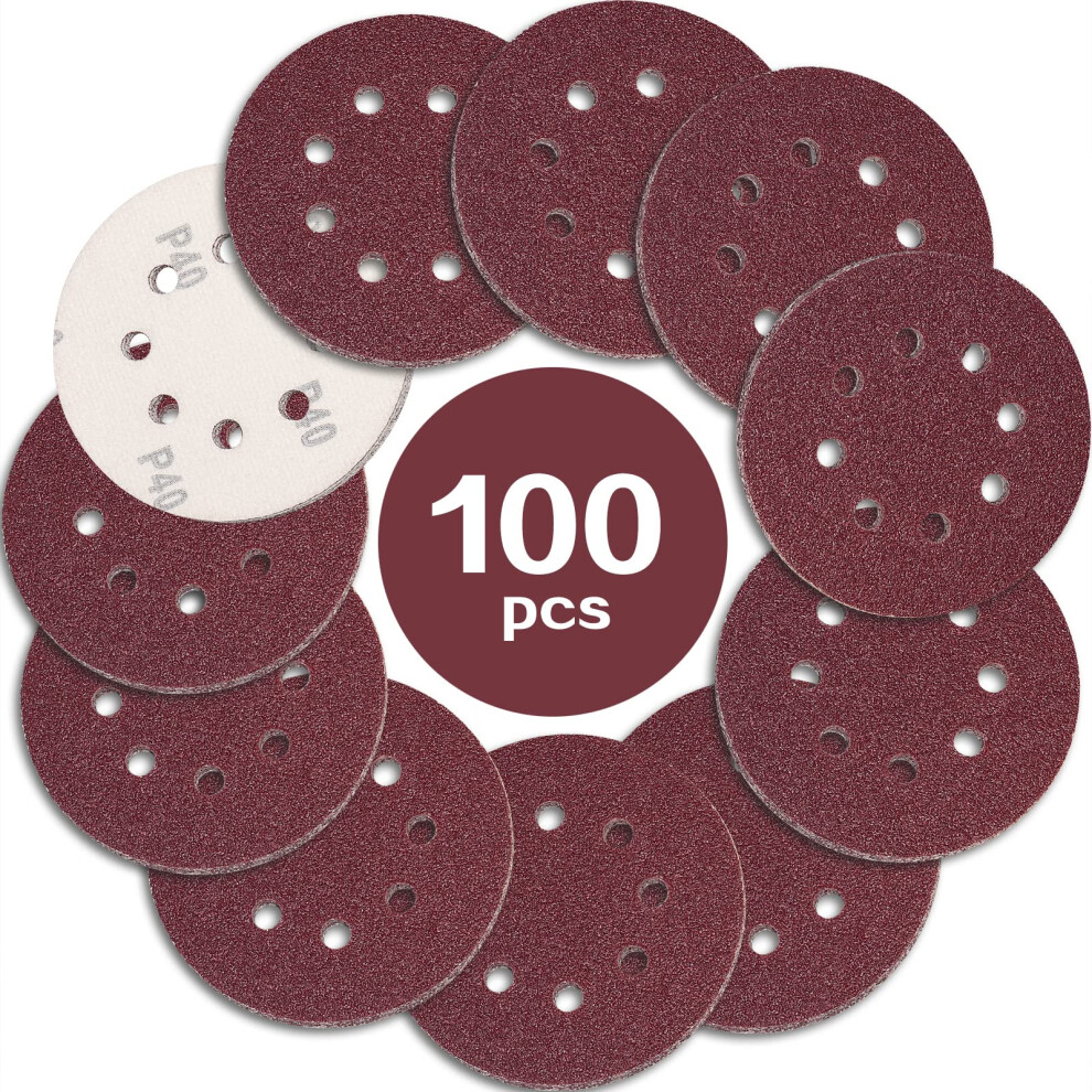 Stebruam 100Pcs 125Mm Sanding Discs 40 Grit, 5 Inch 8 Hole Hook And Loop Sanding Pads For Random Orbital Sander 5051226612619