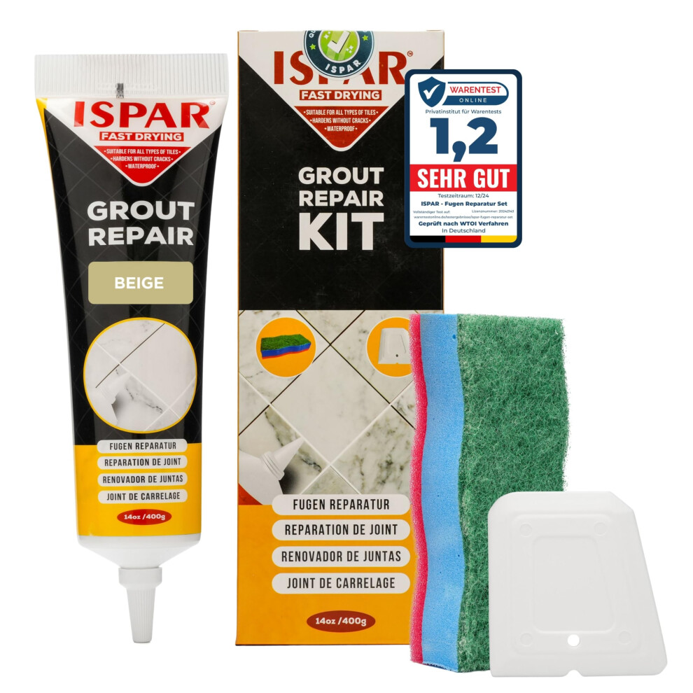 Ispar Tile Grout, 400 G Beige Grout Reviver, Fast Drying Premixed Grout Repair Kit With Spatula & Sponge, Ideal For Bathroom 5051226576966