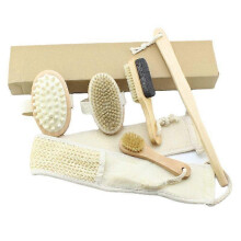 Natural Bath and Body 6 Piece Soft Bristle Brush Long Wooden Handle Back Exfoliating Full Home Spa Kit Body Cleansing