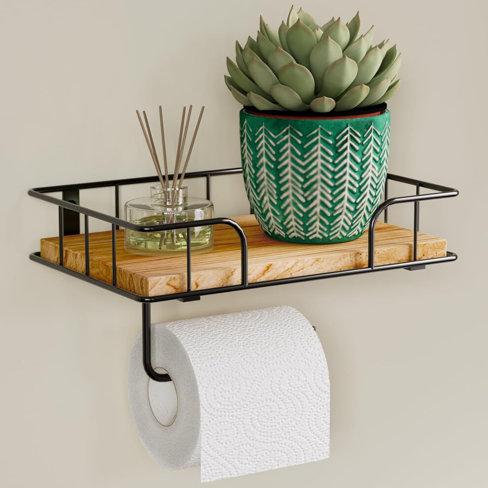 Thygiftree Wooden Toilet Roll Holder With Shelf, Toilet Paper Holder With Wet Wipes Box Wall Mounted Tissue Black Toilet Roll Holder Wooden With 5051226630026