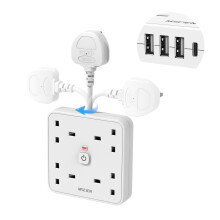 Mscien 4 Gang Extension Lead with 4 USB Slots (1 Type-C and 3 USB-A), 5CM Plug Extension with USB Ports